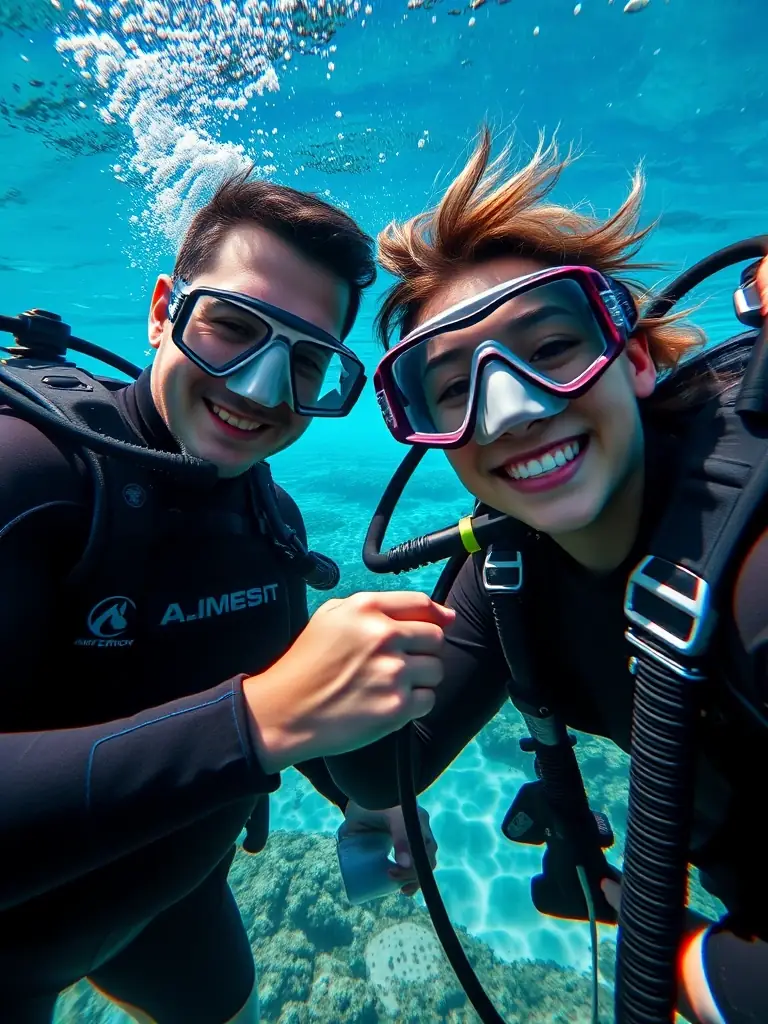 A close-up shot of a smiling dive instructor helping a student adjust their gear underwater in a clear, tropical environment. This image represents the expertise and approachability that a good profile should convey.