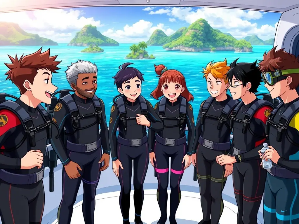 A diverse group of divers from different backgrounds gather on a boat, representing the inclusive community fostered by MyDiveJob.