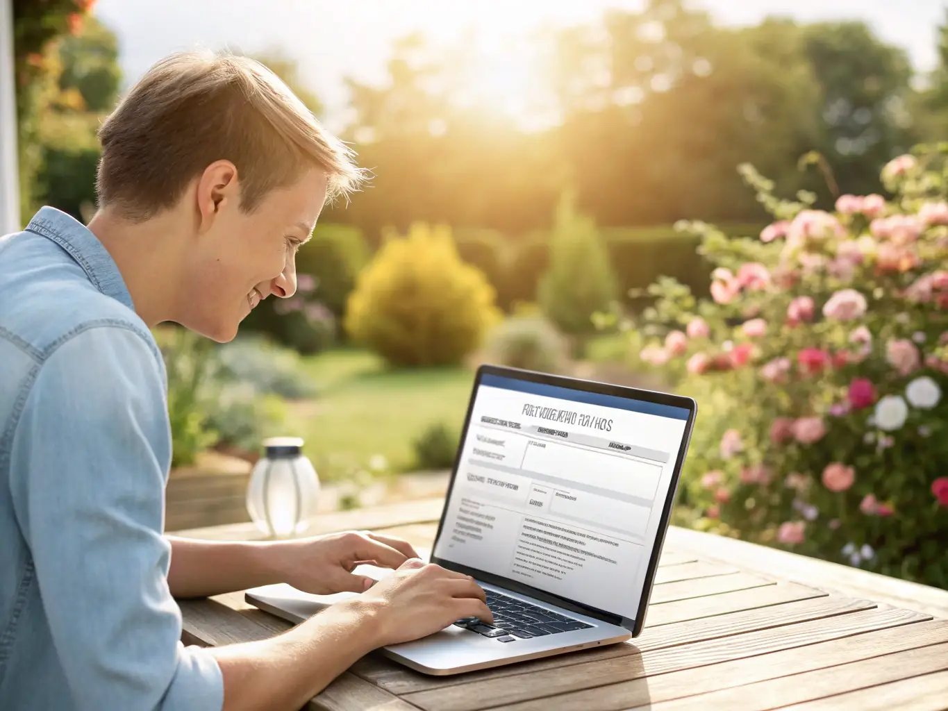 A person smiling while filling out an online job application form on a laptop, with a tropical beach visible in the background, illustrating the ease and convenience of applying for dive jobs through the platform.