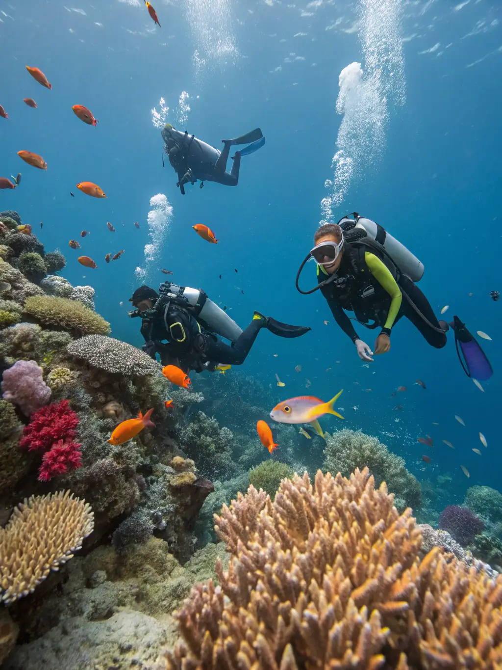 A photo of a divemaster confidently leading a group of divers through a vibrant coral reef. The image should convey leadership and experience in diverse diving conditions.