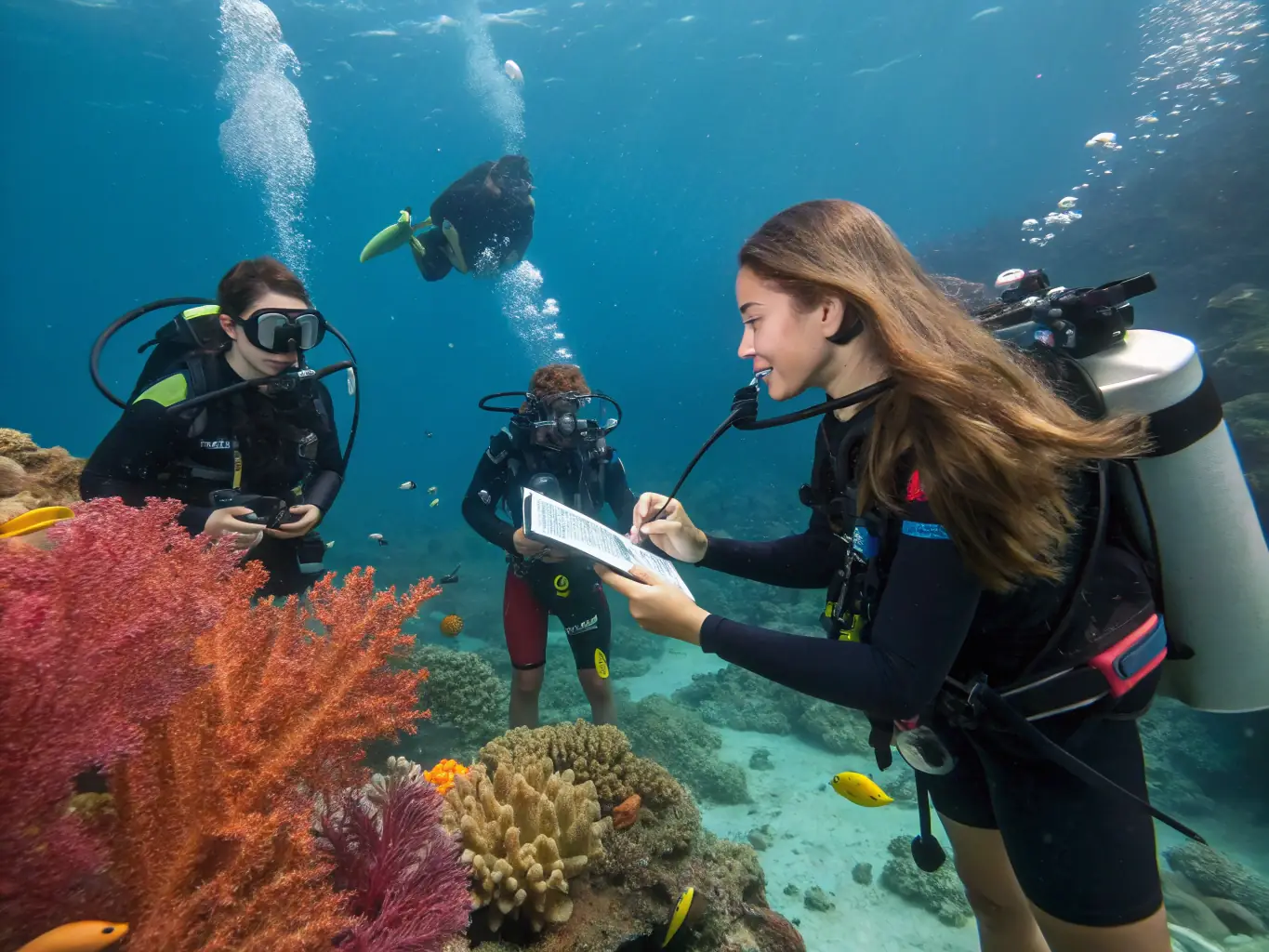 A photo of a divemaster assisting divers on a boat, showcasing the leadership and expertise required for the role.