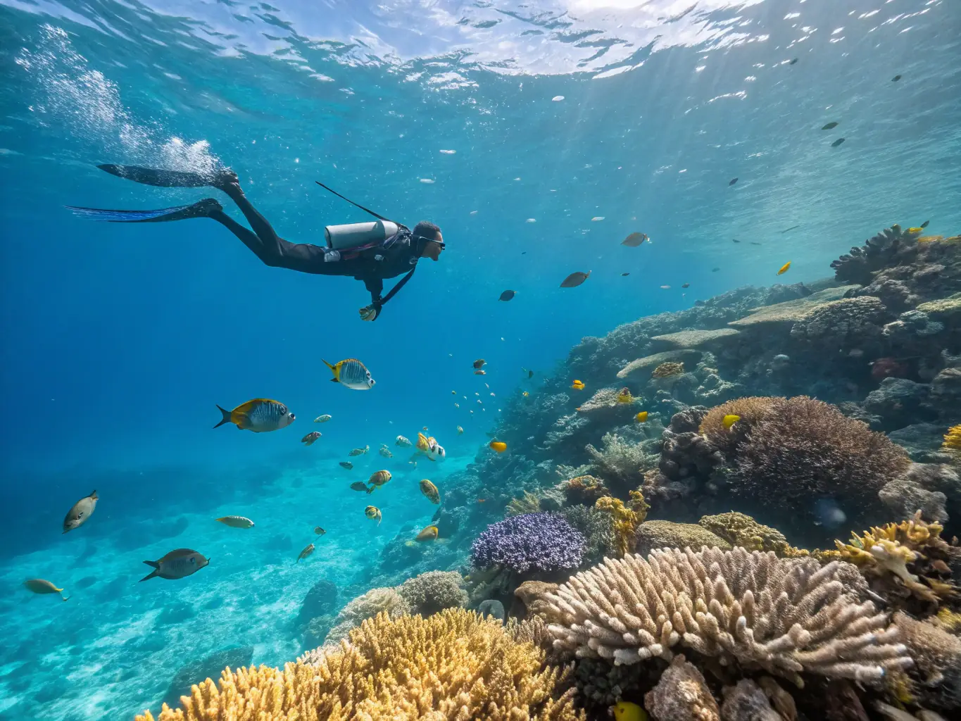A diver confidently swimming through a clear blue ocean, surrounded by colorful fish and coral, representing the diverse skills and experience that dive professionals can bring to a job.