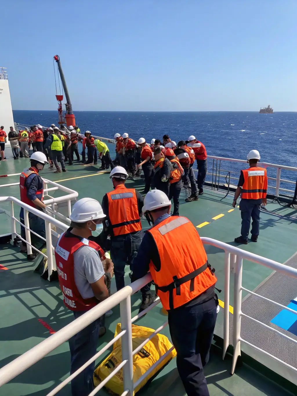 A picture of a boat crew member efficiently managing equipment and assisting divers on a dive boat, with a focus on safety and professionalism.