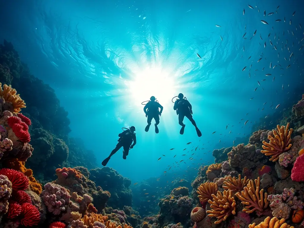 A vibrant underwater scene with divers exploring a coral reef, symbolizing the adventurous and rewarding nature of dive jobs.
