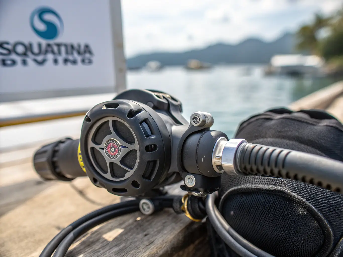 A close-up shot of a diver's hands carefully adjusting scuba gear, symbolizing the attention to detail and expertise required in the diving profession. The background is a blurred image of a vibrant coral reef.