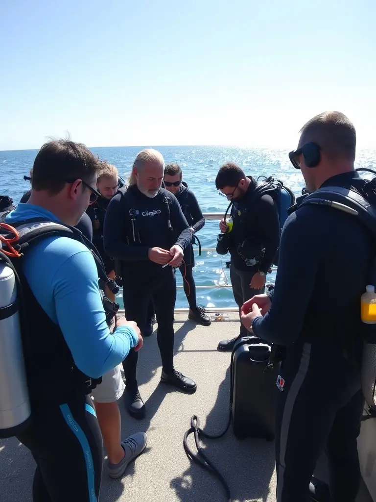 A diverse group of dive professionals collaborating on a project, showcasing teamwork and communication skills in a diving-related context.